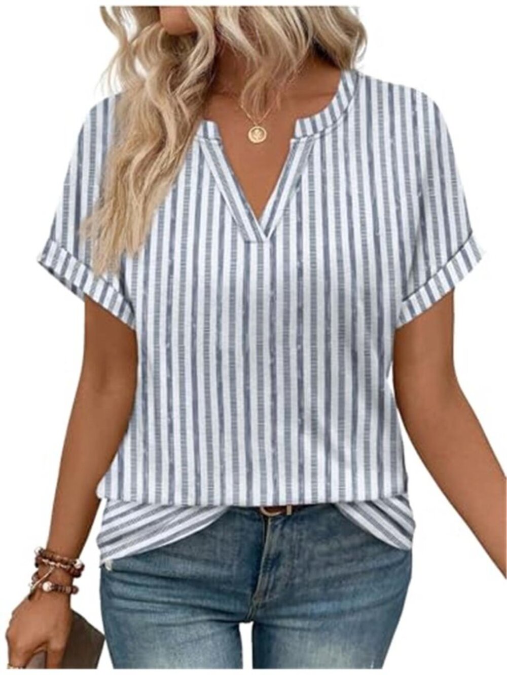 Blue Stripe V Neck Loose Fit Tunic Blouse Short Sleeve Summer Top Womens